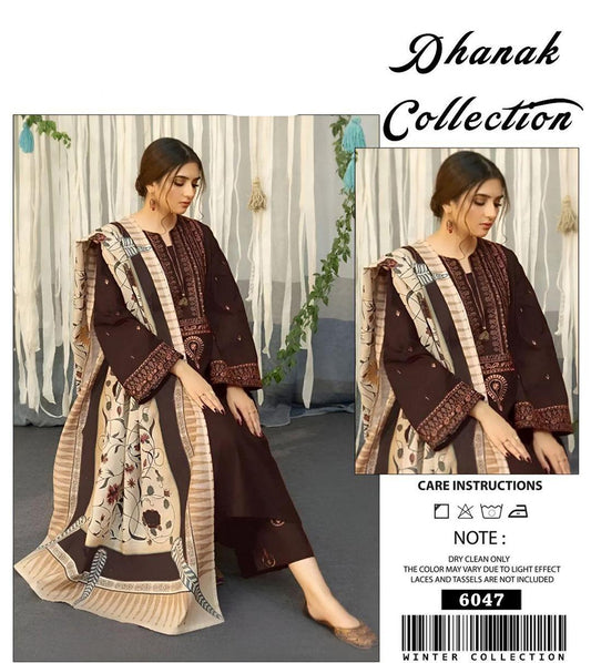 Women's Unstitched Dhanak Embroidered Suit 3Pcs - Brown